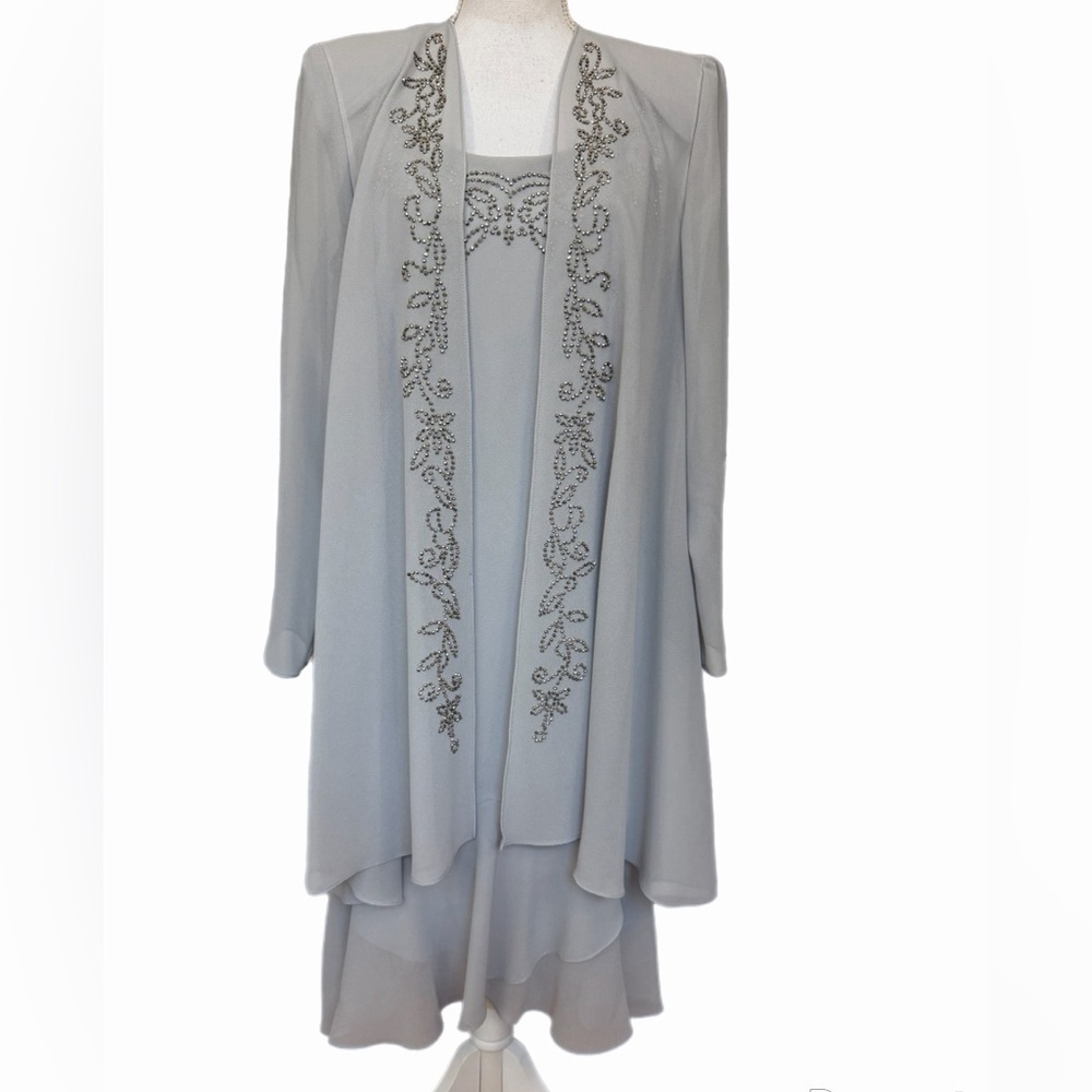 R&M Richards Gray 2 Piece Dress Size 12 Long Sleeve Jkt Open Front High Low